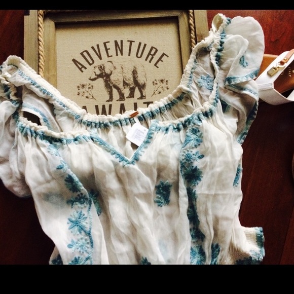 Free People Turquoise Embroidered Peasant Top - Picture 2 of 7